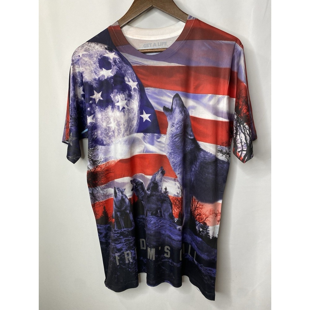 Get A Life Mens Shirt Size Large Freedoms Call Wolf Patriotic American Flag Moon
